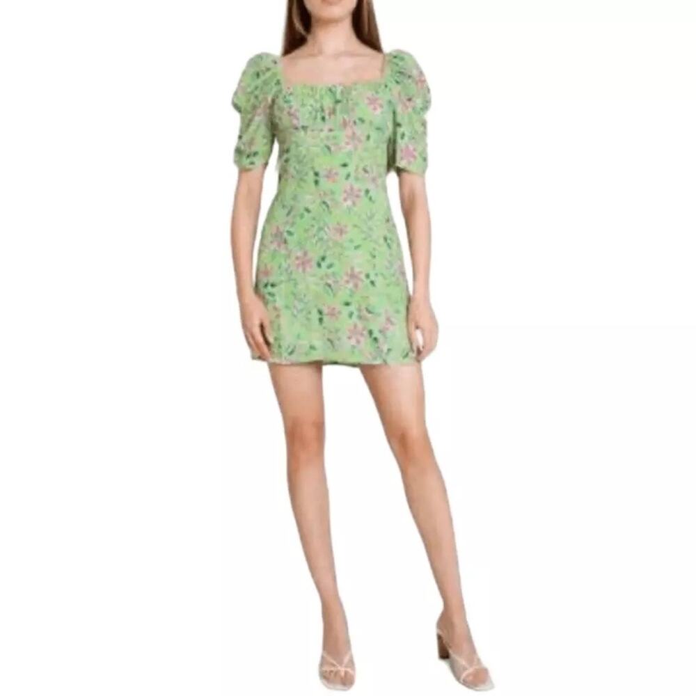 WAYF Liv Green Floral Puff Sleeve Mini Dress XL NWT Cottagecore